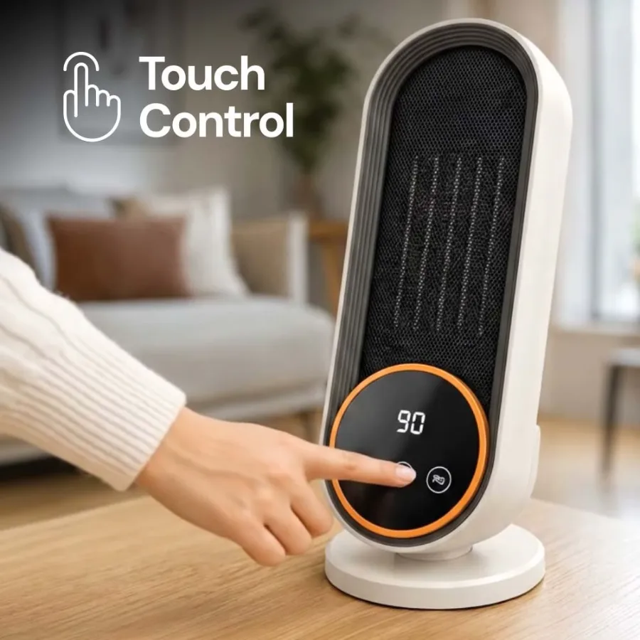 Hand pressing the touch panel of the Heatomi heater