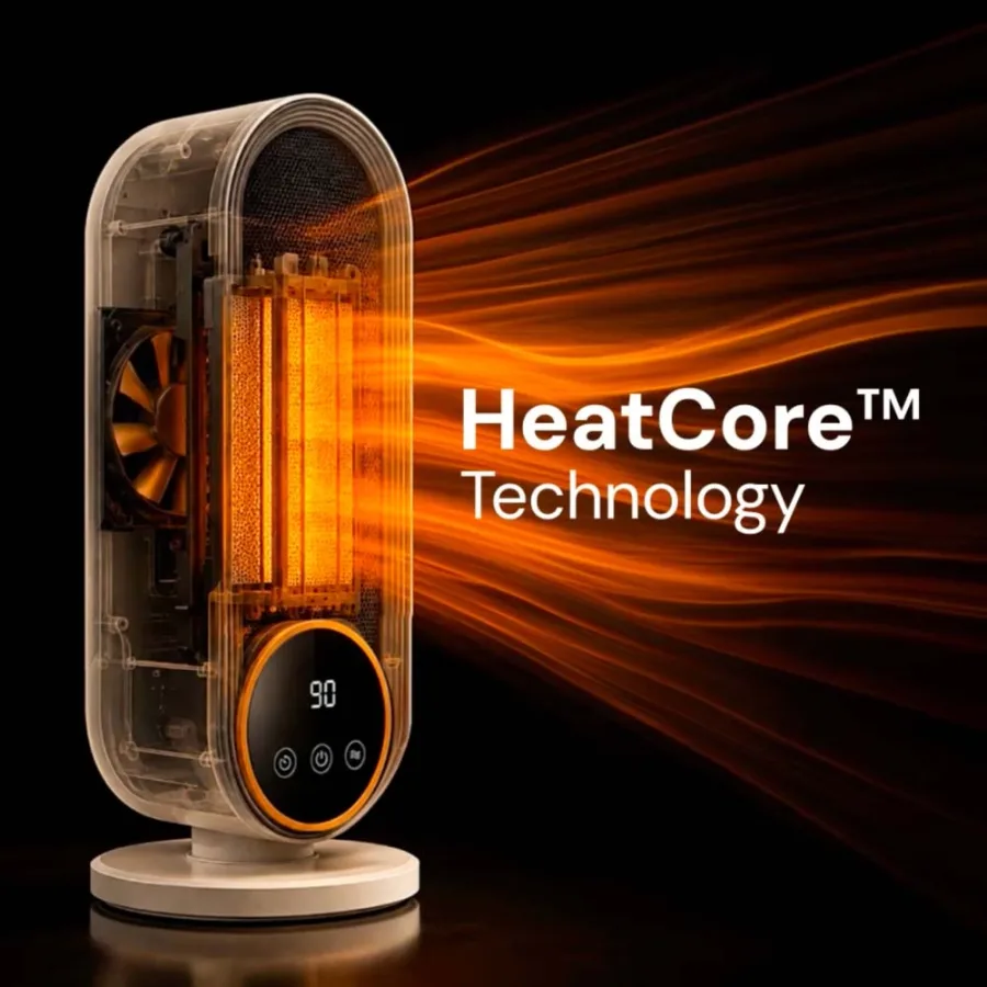 Cut-away view of the Heatomi heater with ceramic element and fan