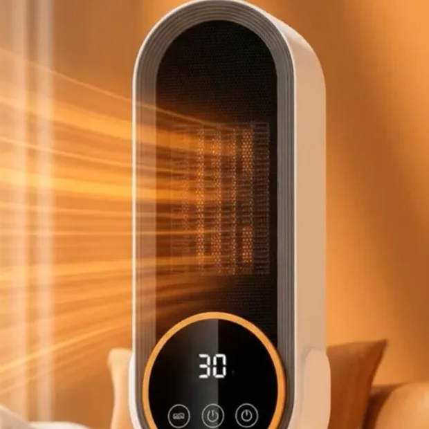 Heatomi PTC ceramic heater with touch display on a living room floor